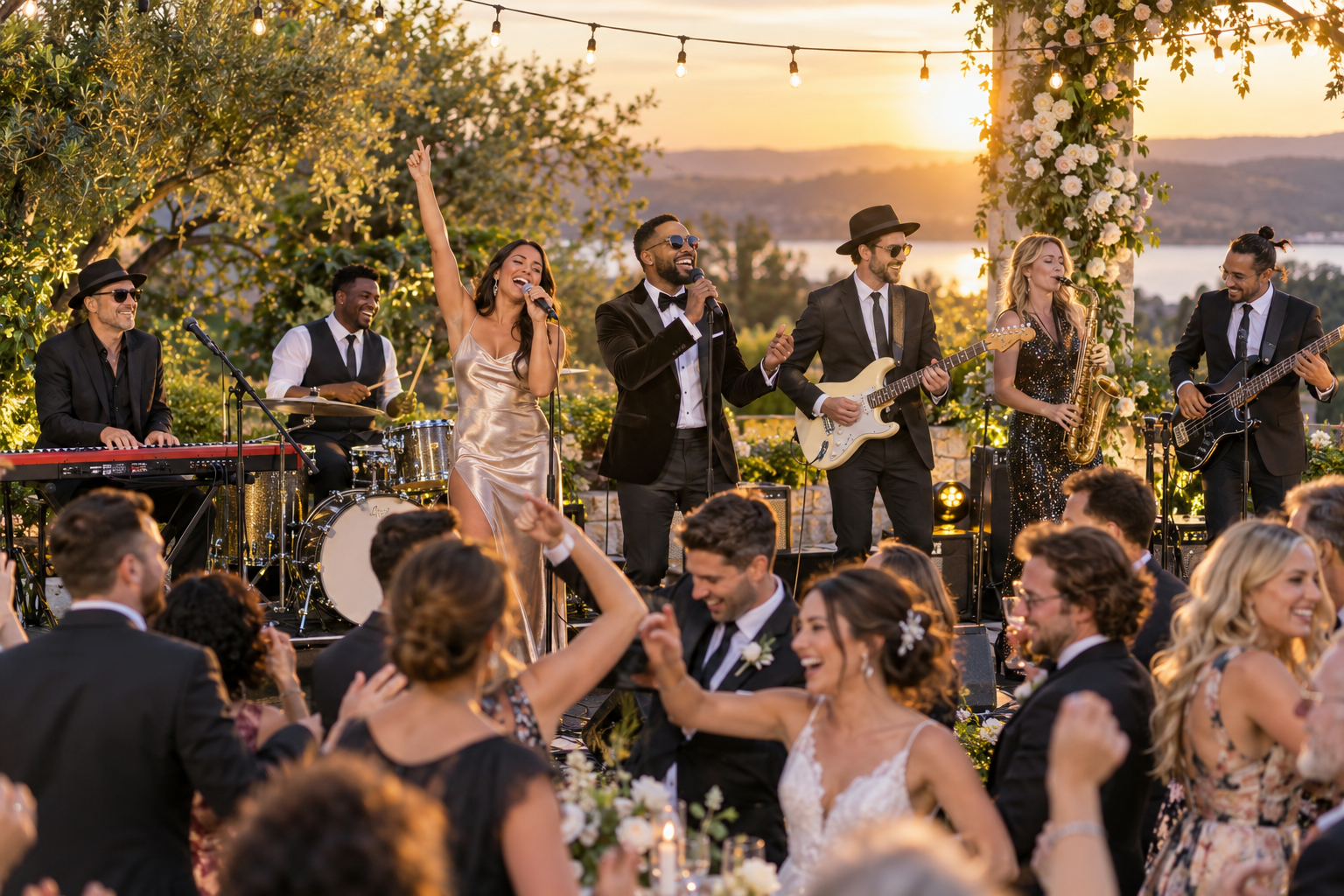 A joyful live band performing for dancing guests at an outdoor wedding reception